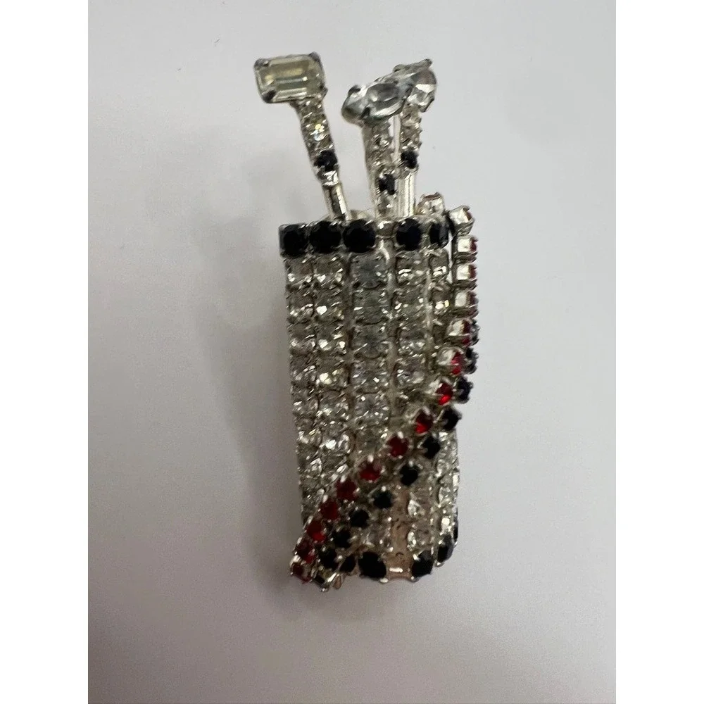 Vintage Dorothy Bauer Golf Bag Pin Rhinestone Red Black‎ Novelty Brooch 80s Chic